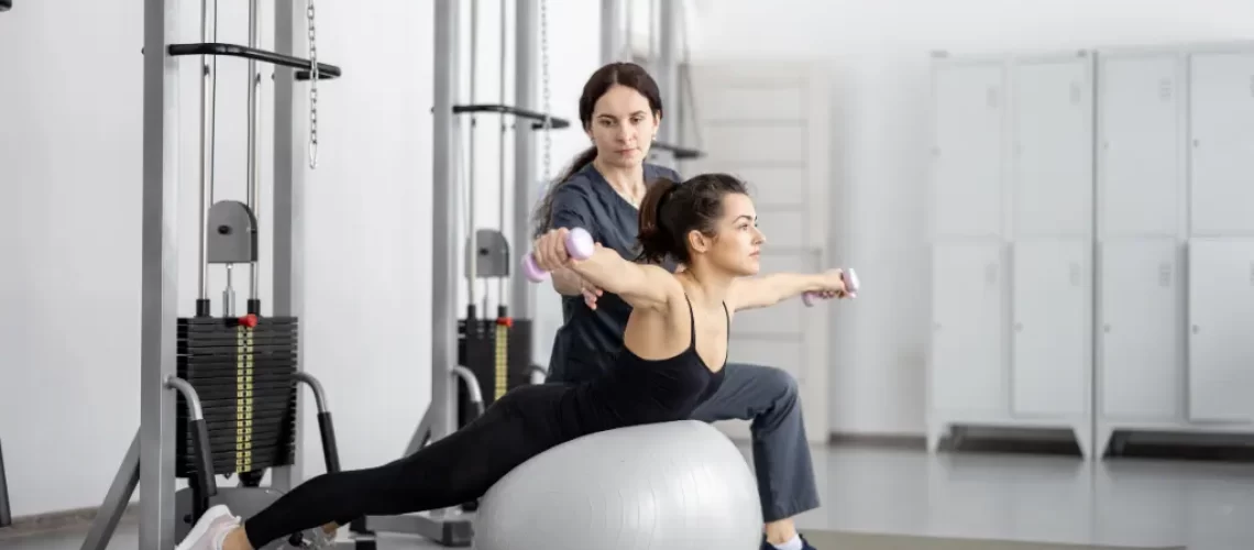 Physiotherapist Training woman in rehabilitation center